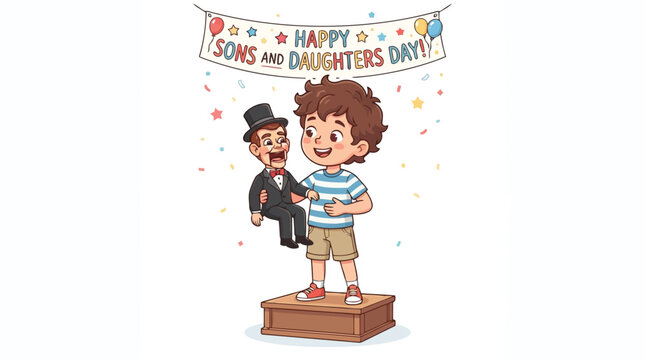 Happy boy holding ventriloquist puppet on stage celebrating Sons and Daughters Day in detailed vector illustration