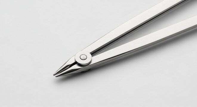 A highly polished silver drafting compass tool with a sharp point on a neutral background, isolated for precise geometric drawing