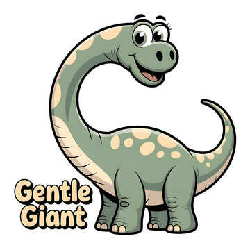 Cute cartoon brontosaurus dinosaur with gentle giant text isolated on transparent background