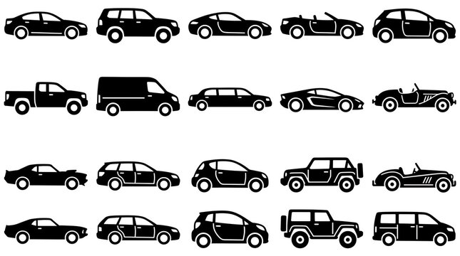 Car Body Types Vehicle Models Sedan SUV Pickup Convertible Coupe Hatchback Solid Glyph Icons