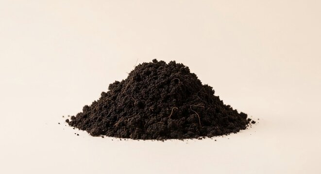 A natural pile of dark organic soil isolated on a plain background, perfect for gardening and agriculture concepts.