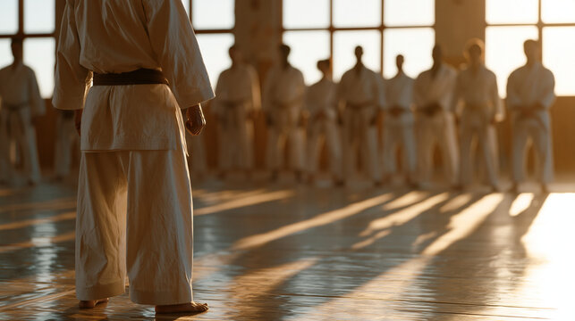 A martial arts instructor guides a diverse team of adult students at golden hour in a rehabilitation program setting, warm light casting long shadows across a polished dojo floor,