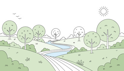 Naklejka premium Peaceful green landscape drawing with a winding road leading through hills and trees under a shining sun.