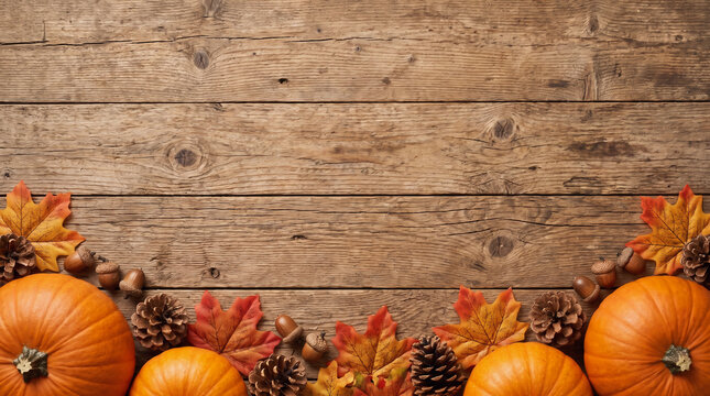 Thanksgiving Autumn Harvest Day pumpkins pine cones acorns and colorful fall leaves arranged as a bottom border on rustic wood table background with copy space for seasonal greeting banner