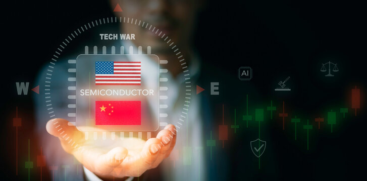 Businessman holding semiconductor chip for US China tech war concept. Microchip supply chain conflict, AI hardware market rivalry, geopolitical policy crisis, and stock trading.