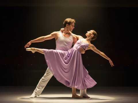 Professional ballet dancers performing a graceful pas de deux on stage under dramatic spotlight