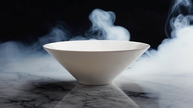 White bowl on a marble surface, surrounded by smoke