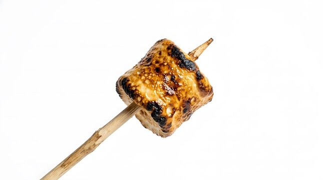 Toasted marshmallow on a wooden stick or Roasted sweet treat for campfire dessert