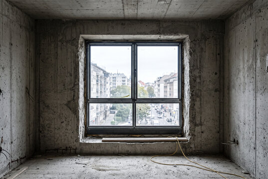 Window in unfinished raw construction space, rough concrete surround