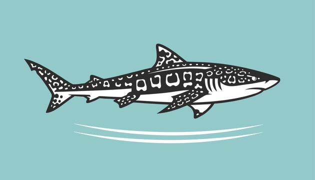 Detailed vintage woodcut style illustration of a leopard shark swimming gracefully in a calm teal blue ocean.
