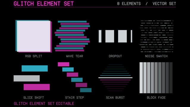 Glitch set with color elements. Digital abstract shapes. Random pixel elements. Modern cyberpunk broken. Set of 8 glitch distortion elements on black with RGB split, wave tear and dropout motifs