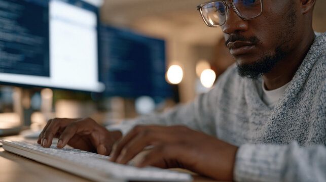 A DevOps engineer's close up hands hover over a keyboard in a hospital IT room, code reflected in glasses, screens showing infrastructure dashboards, the quiet urgency of keeping
