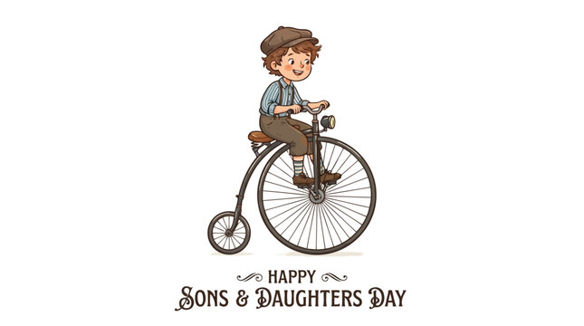 Cheerful young boy riding vintage penny farthing bicycle for Sons and Daughters Day celebration vector illustration