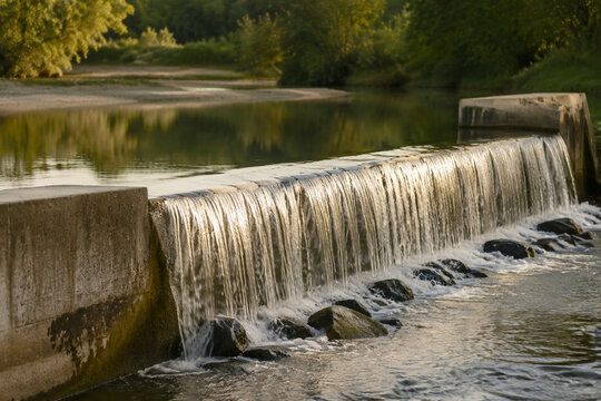 Small concrete weir across calm river in soft light, water management infrastructure concept.