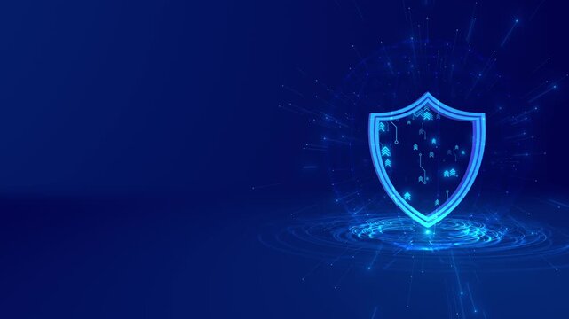 Secure shield hologram visual cyan defense icon, blue network particles, and wide empty copy space. Perfect for cyber safety clips, app protection pages, business security titles, and motion graphics.
