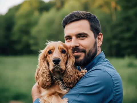 A man hugging his golden cocker spaniel dog outdoors
