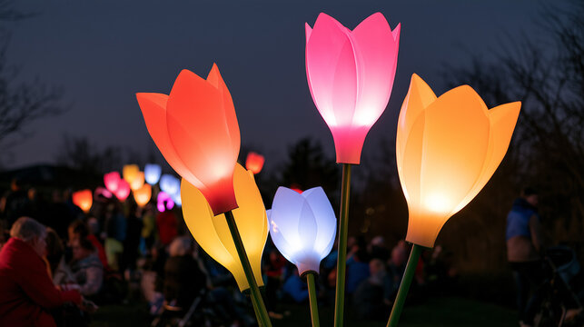 Colorful Glowing Floral Sculptures Illuminated at the Lumiere Festival Evening Event in a Public Park Setting