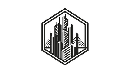 Obraz premium Modern black and white geometric logo featuring a towering city skyline and bridge inside a hexagon frame.