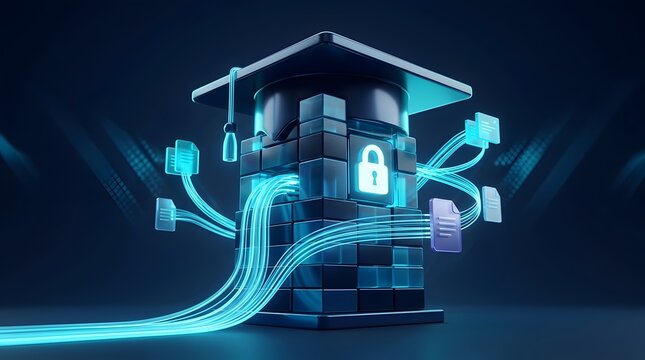 Academic data protection represented by a graduation cap over a secure digital server, ensuring the privacy and integrity of valuable student information.