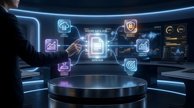 A professional interacts with a glowing holographic data hub, managing crucial information for cloud storage, security, analytics, and driving strategic business growth decisions.