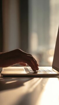 A person&rsquo;s hand is shown pressing keys on a laptop, illuminated by soft sunlight. This scene highlights productivity and technology use in a calm environment