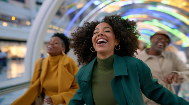 Cheerful Diverse Friends Having Fun Walking Through the Brightly Lit Tunnel at the Lumiere Festival