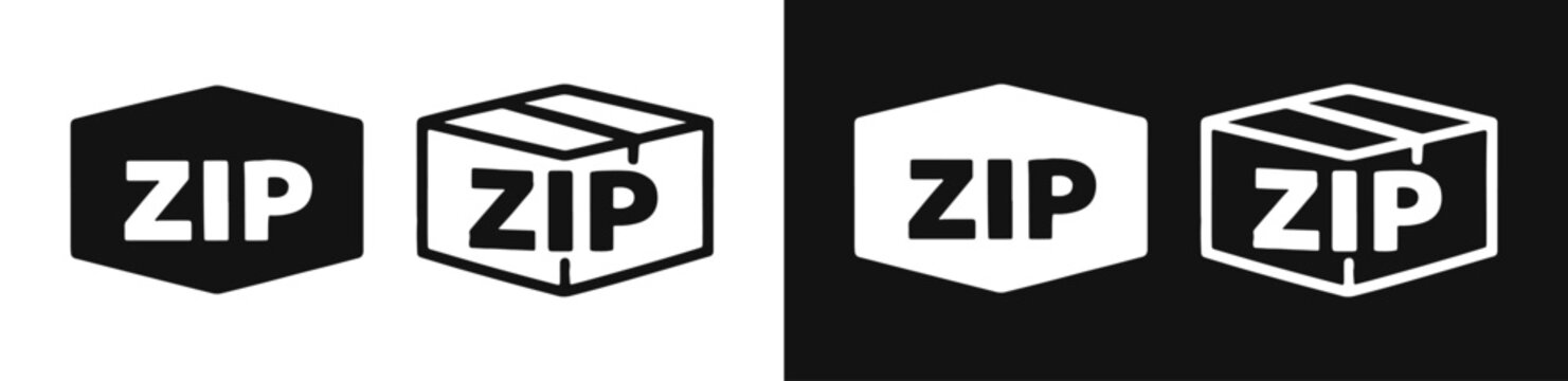 Zip archive parcel icon set, data compression and electronic logistics storage symbol