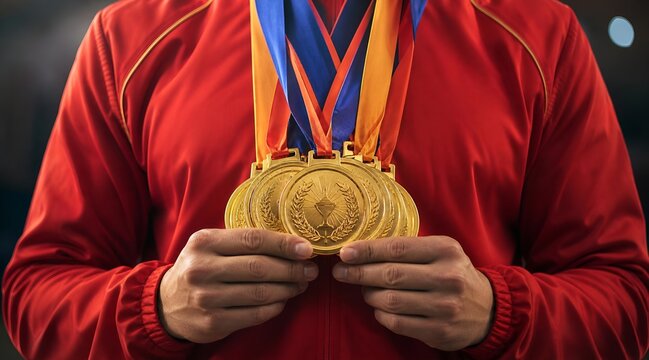 Champion Athlete Holding Multiple Engraved Gold Medals at Commonwealth Games 2026