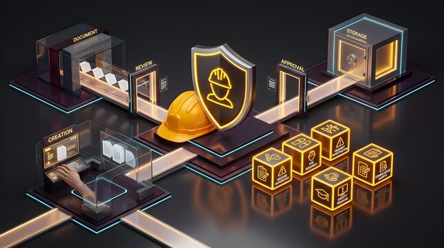 Digital workflow for comprehensive workplace safety and health (WSH) document management, illustrating compliance, hazard reporting, and secure data storage process.