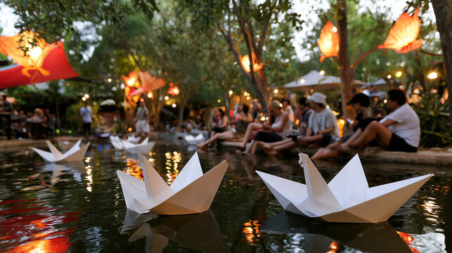 Paper Boats Floating in a Reflective Pond at a Magical Lumiere Festival Night Event