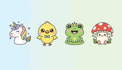 Fototapeta premium Collection of cute animal and character elements showing a unicorn, chick, frog, and mushroom on a soft background.