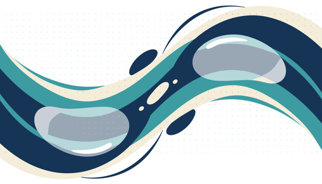Abstract graphic illustration of a smooth water stream in dark blue and teal with shiny soft light droplets.