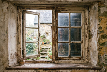 Obraz premium Window with worn timber frame and peeling paint as character detail