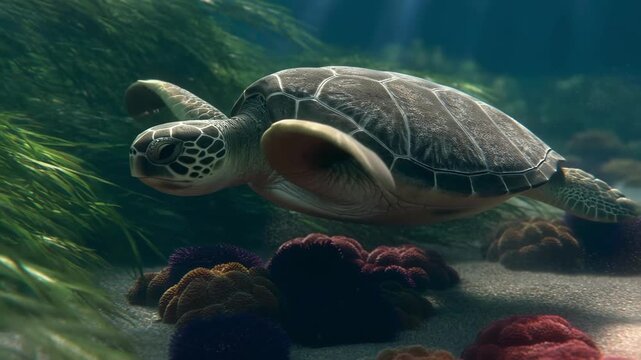 Graceful green sea turtle swimming through coral reef ecosystem with formations sunlit underwater turtle gliding effortlessly effortlessly over vibrant