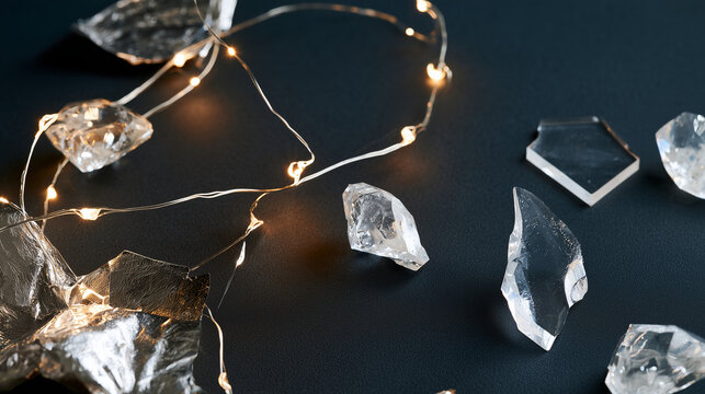 Abstract arrangement of sparkling crystal shards and glowing LED wire lights evoking the enchanting atmosphere of a winter Lumiere Festival