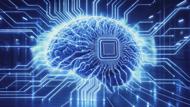 Artificial intelligence brain with glowing neural networks and computer chip. Digital visualization of machine learning and data processing in server room. Lockdown shot.