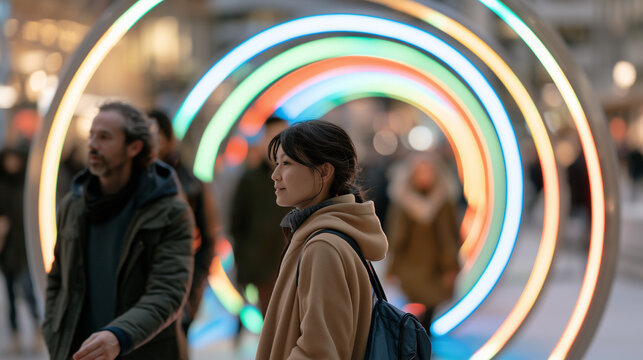 Young Woman Walking Through Vibrant Neon Circular Light Installations at a Lumiere Festival City Event
