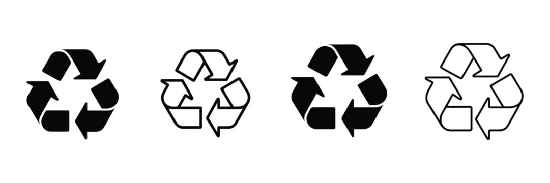 Recycle icon set, recycling symbols, editable outline and solid styles, waste sorting, circular economy, ecology, sustainability, environmental protection, vector illustration.