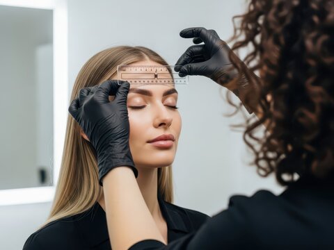 Beautician measuring eyebrows of a client with a ruler for permanent makeup procedure