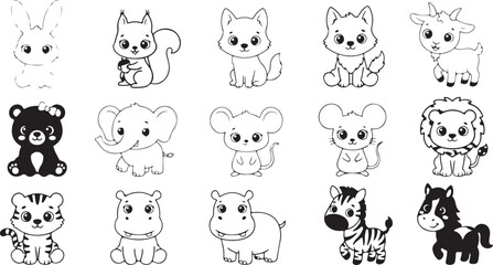 Fototapeta premium Kawaii cute baby animals coloring book page set featuring simple line art illustrations of squirrel, elephant, lion cub, zebra, and tiger vector isolated on white background
