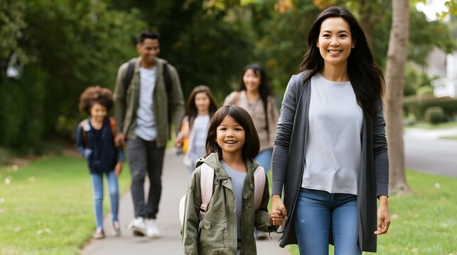 A smiling woman walks hand in hand with a young girl along a tree lined path while other children and adults follow behind