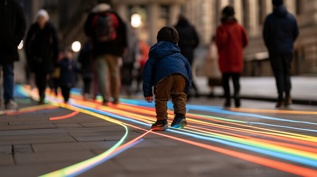 A Young Child Exploring Glowing Vibrant Light Trails on a City Street During the Lumiere Festival