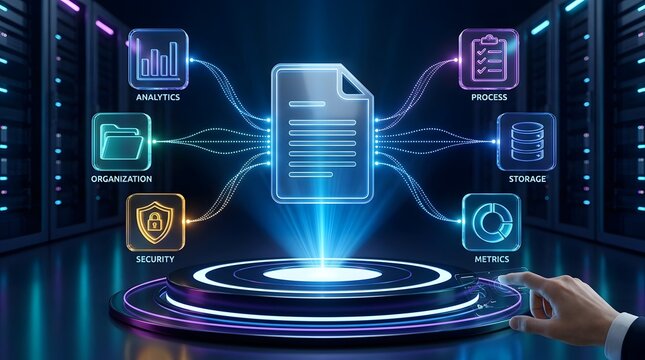 Human hand interacts with a holographic document, illustrating comprehensive digital data management, analytics, security, and process optimization in a high-tech environment.