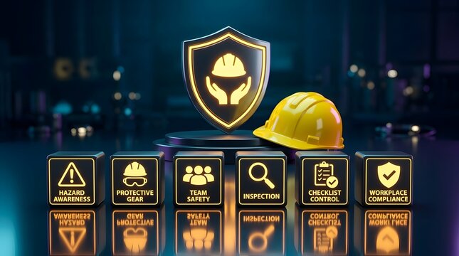 Implementing Robust Workplace Safety Protocols: Hard Hat, Shield, and Detailed Icons Illustrating Occupational Health and Hazard Prevention Compliance.