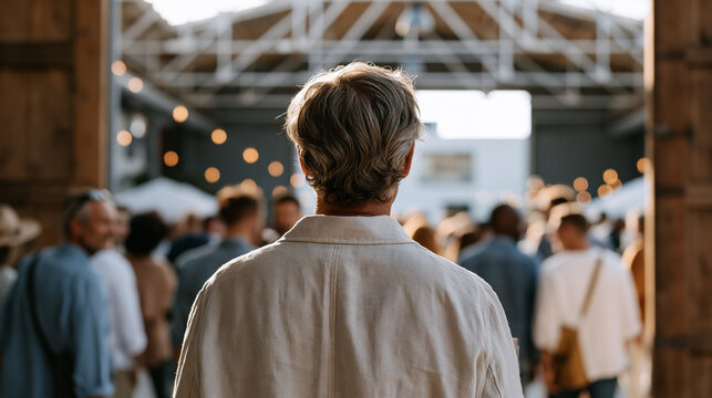 Customer greeter coordinates crowd flow at converted industrial venue, diverse group of visitors streaming through repurposed warehouse entrance during commercial property open