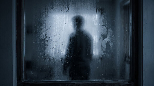 Silhouette of person behind foggy frosted glass window.