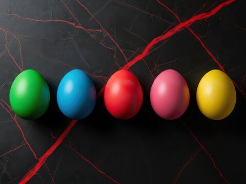 Five colorful easter eggs arranged in a row on a black marble surface with red veins