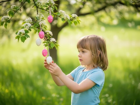 Young girl hanging easter eggs on a blooming tree branch in a sunny spring garden