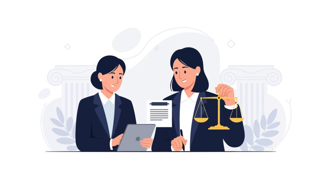 Two women lawyers collaborating, one holding scales of justice and the other using a tablet, symbolizing legal consultation and justice.