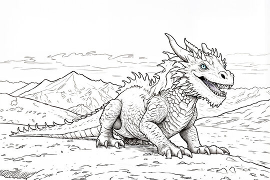 Friendly smiling dragon against mountain backdrop &mdash; magical, inspiring atmosphere of fantasy and childhood wonder